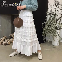 Surmiitro Длинная черная белая летняя юбка с оборками для женщин, модная Корейская высокая талия, плиссированная школьная юбка для женщин