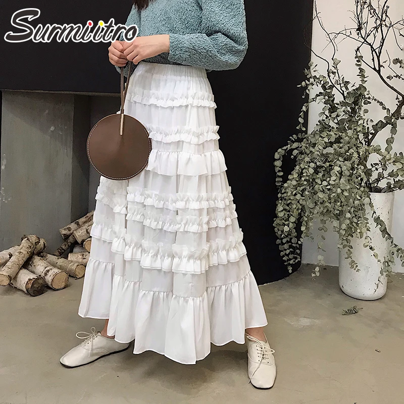 

Surmiitro Long Maxi Black White Ruffles Summer Skirt Women For 2019 Fashion Korean High Waist Pleated Sun School Skirt Female