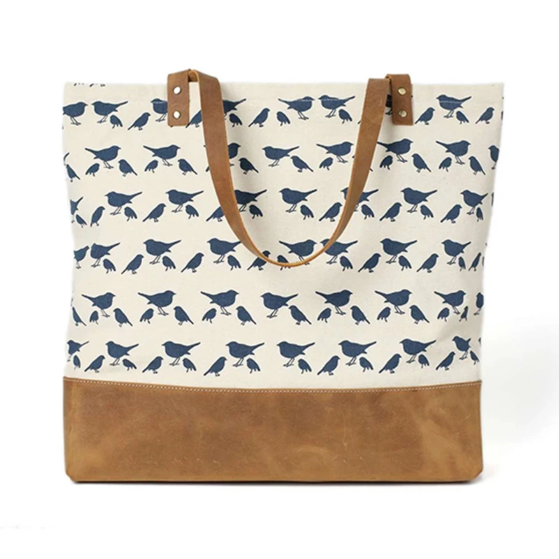 

ROCKCOW Canvas Tote Bag Handmade Canvas Shopper Bags Ladies Handbag Birds Pattern Canvas Shoulder Bag