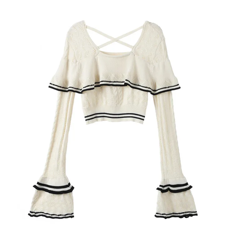 2019 Spring New White Square Collar Horn Sleeve Short Knitted Sweater Pullovers Square Computer Knitted Cashmere Sweater Women