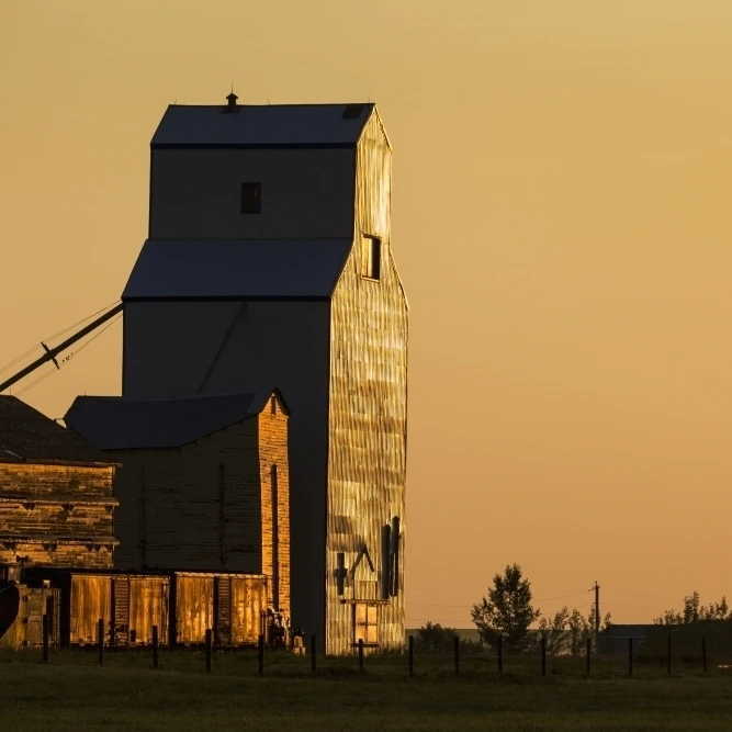 Wooden grain elevator refecting the orange glow of sunrise; Mossleigh  Alberta  Canada Poster Print (19 x 12)