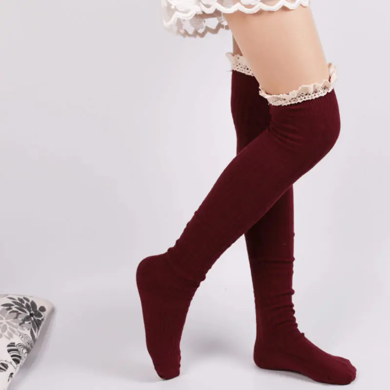 

Over The Knee Socks Thigh High Cotton Stockings Overknee Winter Fashion Knee Socks Solid Mori Girls Cute Lace Top Stockings