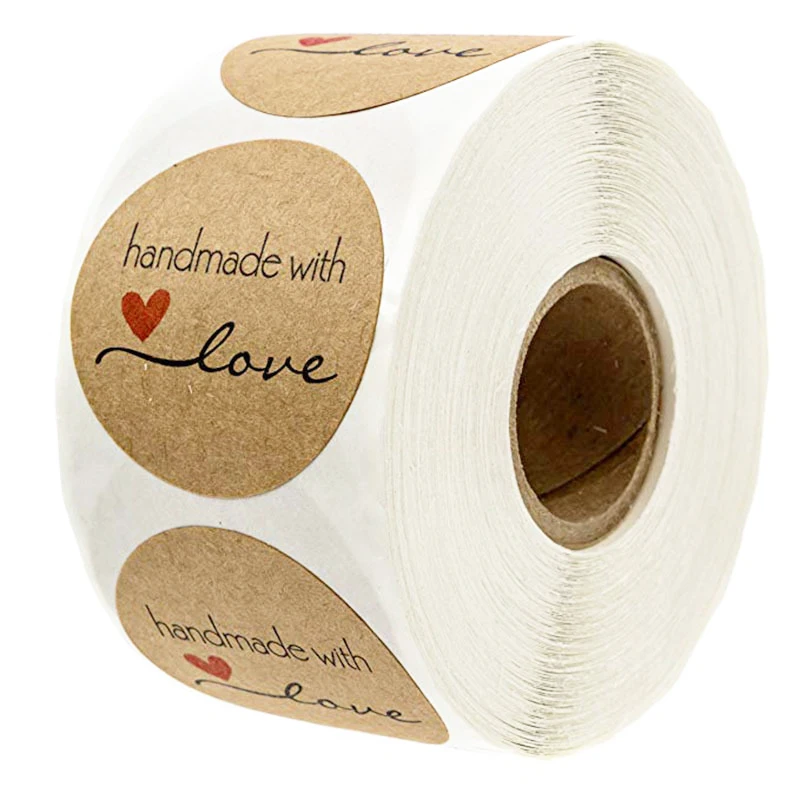 

500pcs/Lot 1 Inch Round Kraft Paper Stickers Thank You Hand Made With Love Heart Gift Box Adhesive Kawaii Sticker Scrapbooking