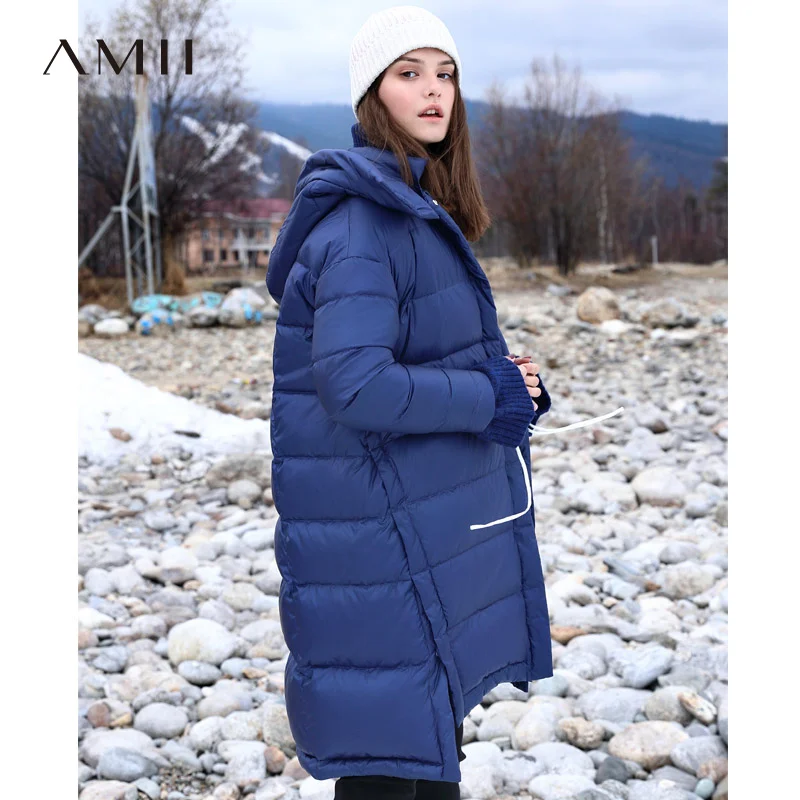 

Amii Minimalist Printed Down Jacket Winter 2018 Casual Thick Asymmetrical Pockets Side Slit Hooded Down Coat Parkas