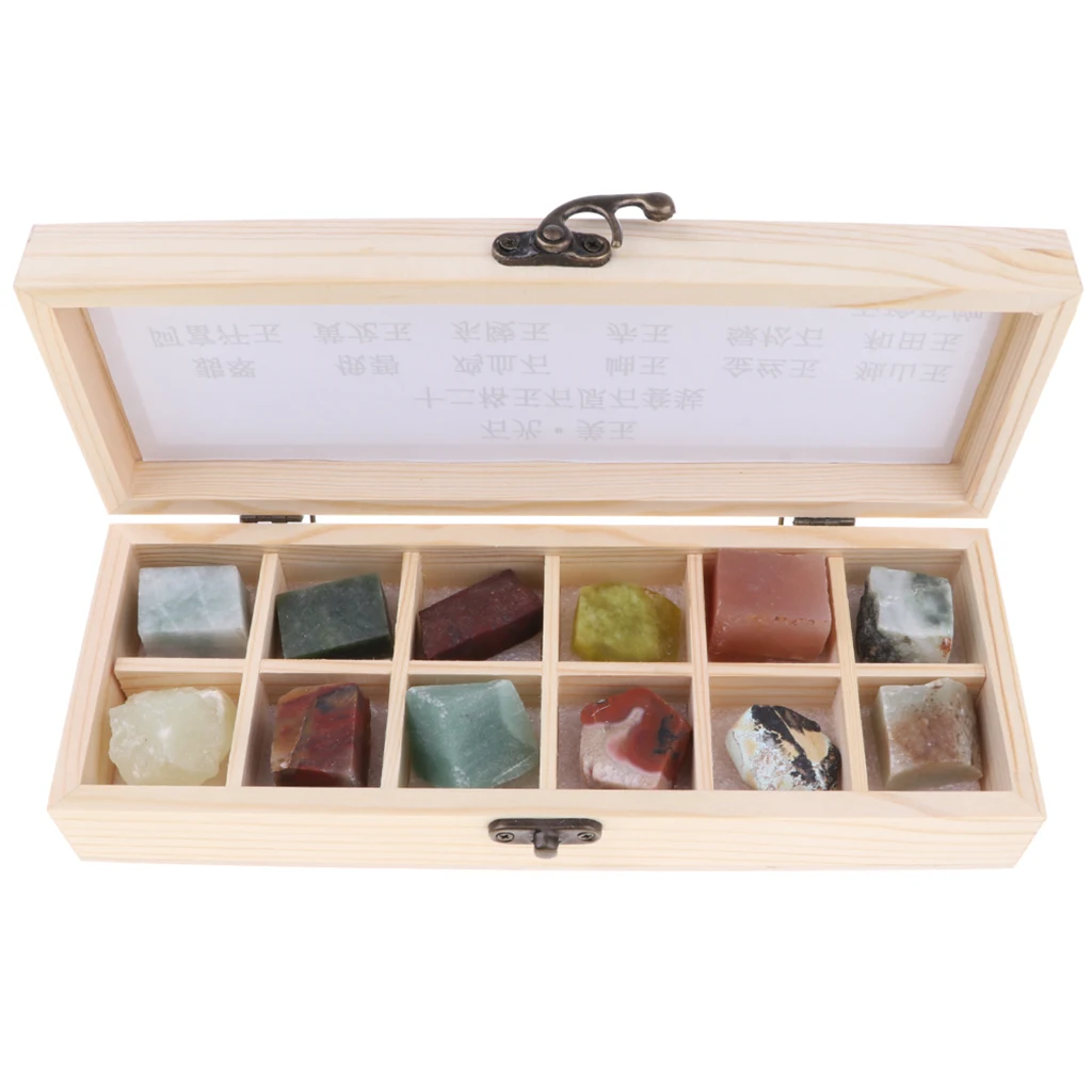 12pcs/ Box Educational Geology Science Kit - Rock and Mineral Collection Gemstones Jadeite Jade Specimens in Display Wooden Case