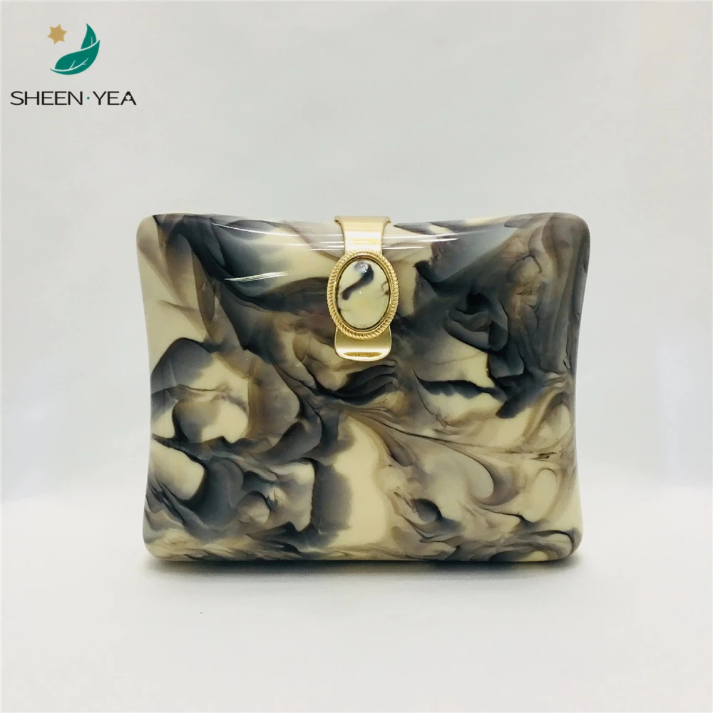 Brand designer acrylic evening bag vintage marble pattern clutch purse cute Elliptic hasp chains handbag mini wedding party prom