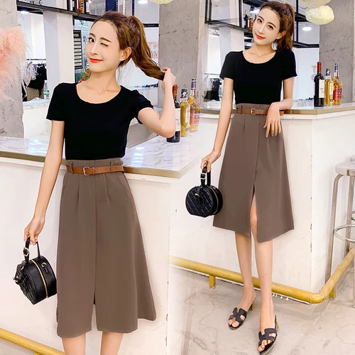 

Summer 2019 Sexy Open Side Split Twinset Korean Casual Brief Women 2 Piece Skirt Sets Fashion Elegant High Waist 2 Pcs Set