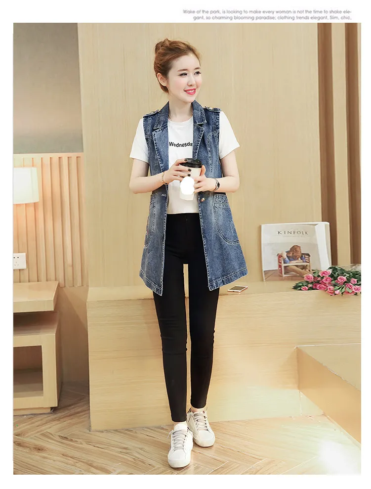 M-4XL, джинсовый жилет большого размера с вышитыми буквами для женщин, новая весенняя Корейская длинная куртка без рукавов, женский джинсовый жилет с рисунком
