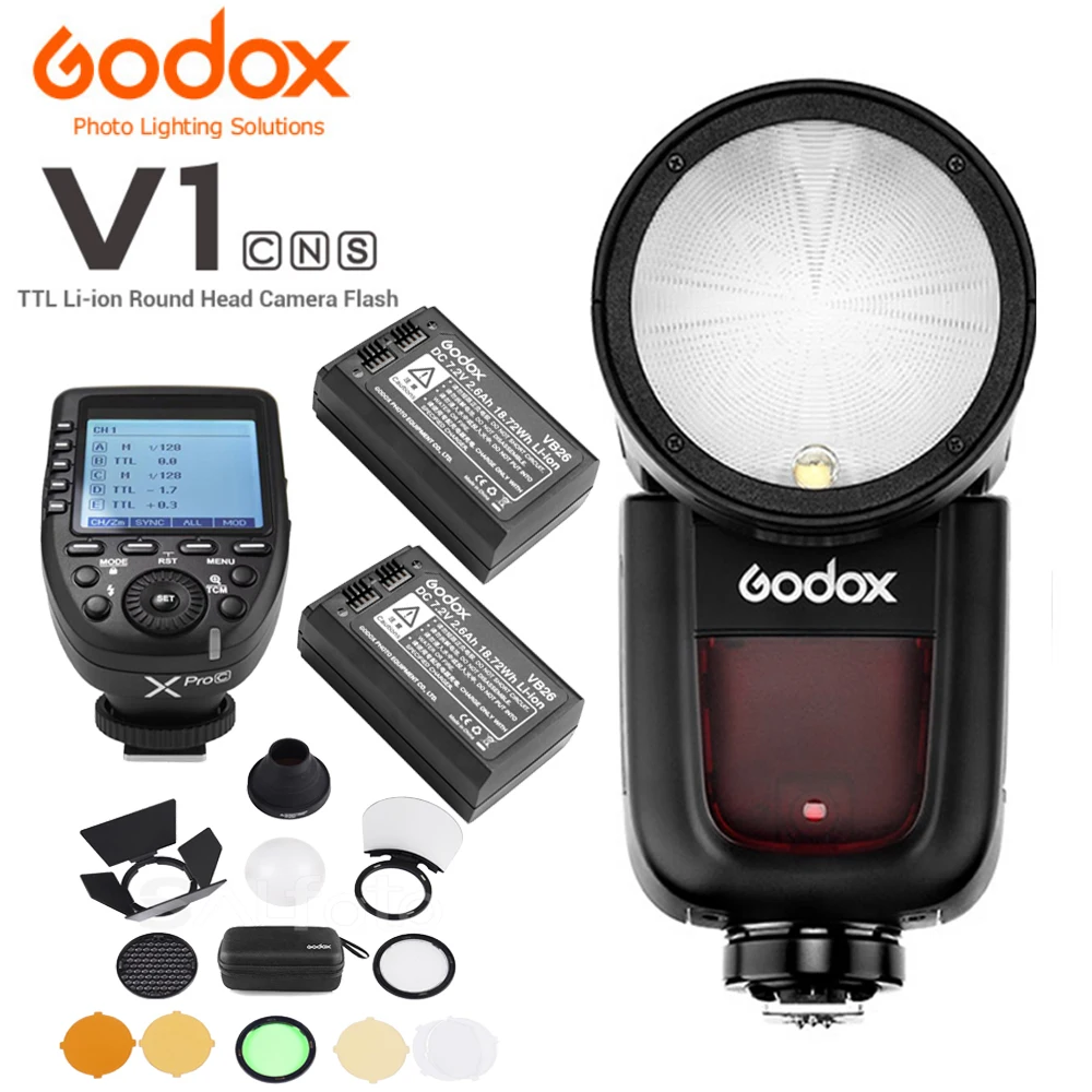Godox V1 + 2x2600 mAh батарея TTL круглая головка вспышка Xpro X1 X2 триггер AK R1 HSS комплект Speedlite