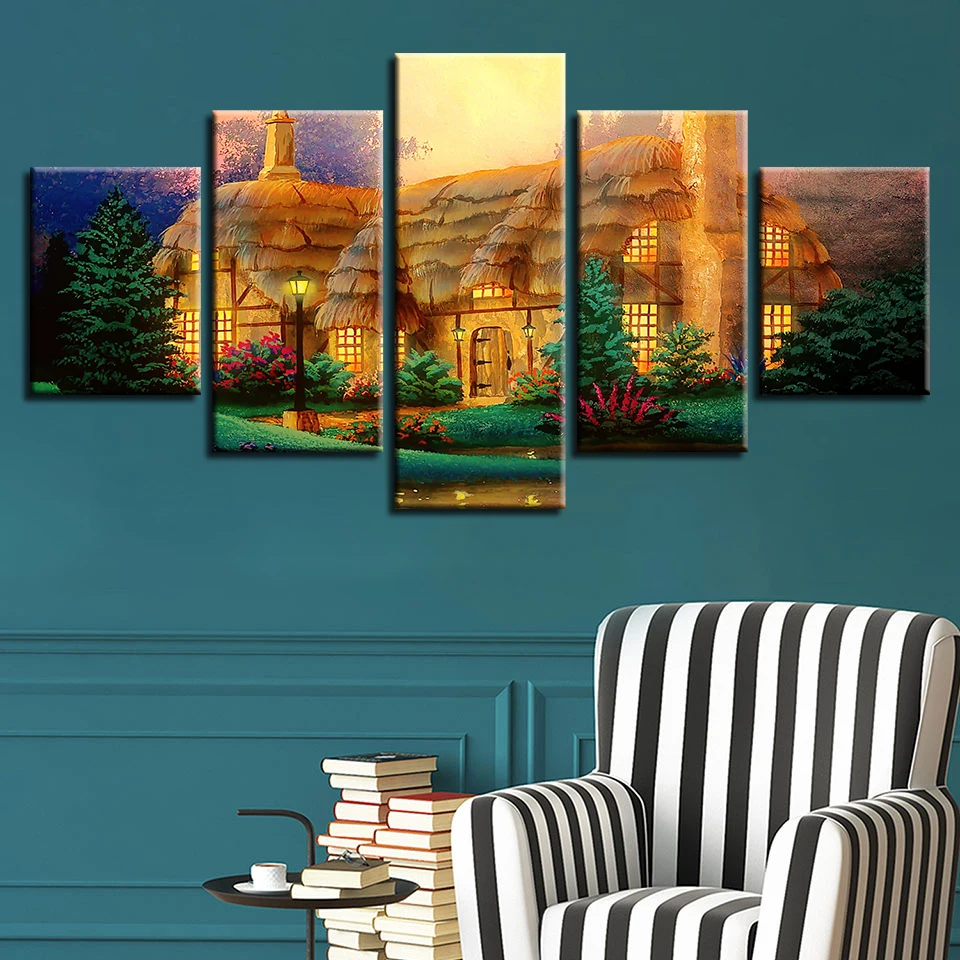 Canvas Painting Poster Wall Art Framework 5 Panel House Of Flowers And Trees Modular Pictures For Living Kids Room Decorative