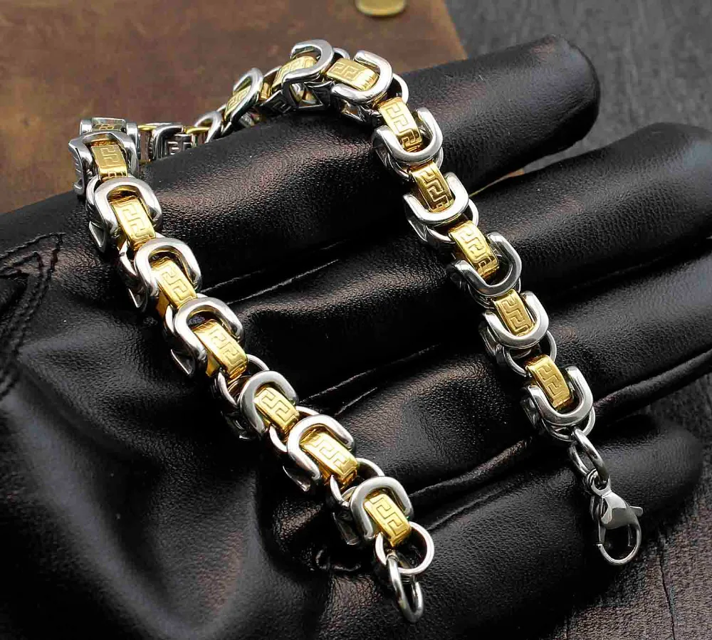 

Mens Gold and Silver Color Greece Key Byzantine Cube Link Chain Bracelet