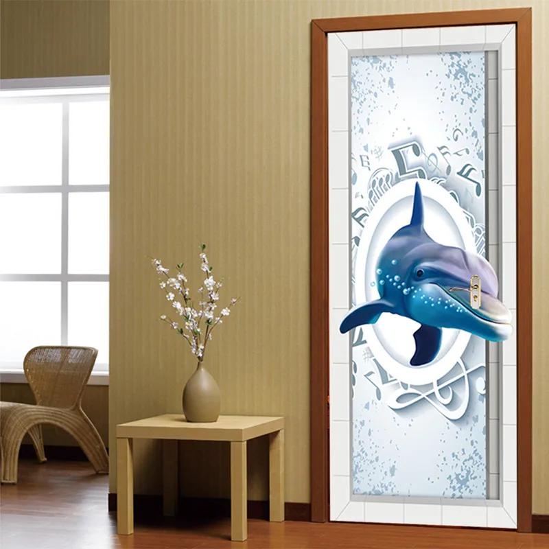 

3D Dolphin Stereoscopic Door Sticker Living Room Bedroom Bathroom New Decorative PVC Self-adhesive Waterproof Wallpaper Painting