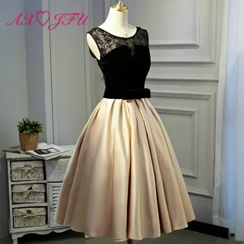 

AXJFU Korean short princess black lace evening dress o neck fluffy fashion illusion flower lace champagne satin evening dress