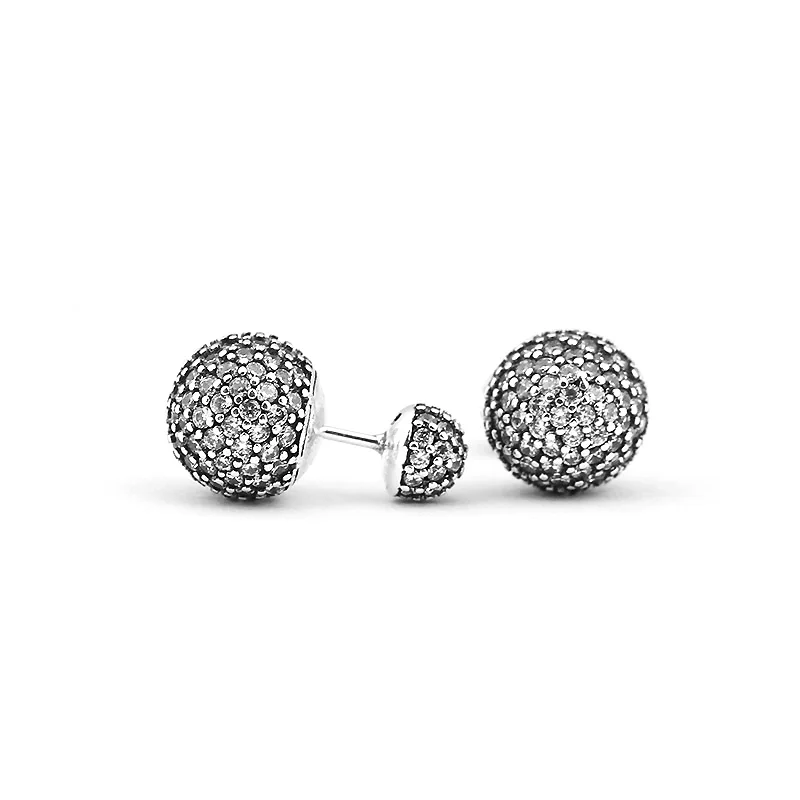 

100% 925 Sterling Silver Earrings Round Full Crystal Round Ball Stud Earrings For Women Jewelry Wedding Gift HER263