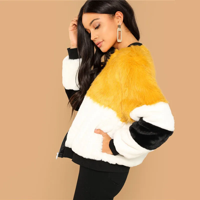 SweatyRocks, элегантное разноцветное пальто из искусственного меха с длинным рукавом, на молнии, уличная одежда, Короткие топы,, осенне-зимние женские пальто