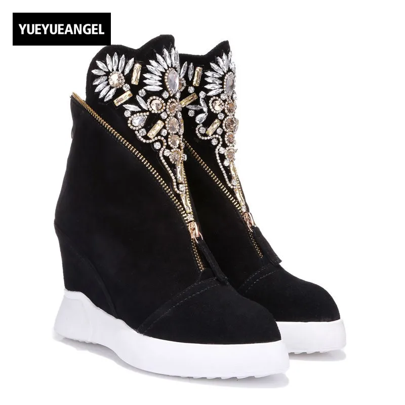 

Fashion Women Shoes Zipper Round Toe Comfortable Women Wedges Footwear Crystal Decoration Height Increasing Ankle Shoes Black