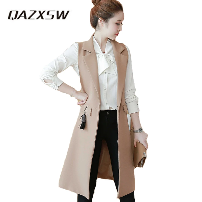 QAZXSW Sleeveless Blazer Vest Spring Autumn Long Vest Waistcoat Female