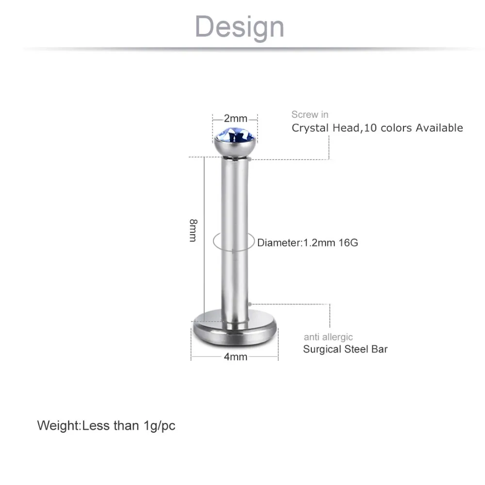 10 шт./лот винт в кристалл голову лабретка гипоаллергенный из нержавеющей стали для губ кольцо для пирсинга с резьбой 16G Модная бижутерия для пирсинга LB09