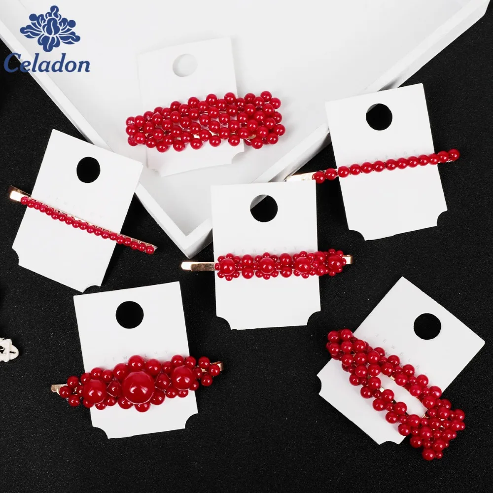 

Fashion Metal Hair Accessories Geometric Red Color Hair Clip For Women Imitation Pearl Hairpin Barrettes Hairgrip