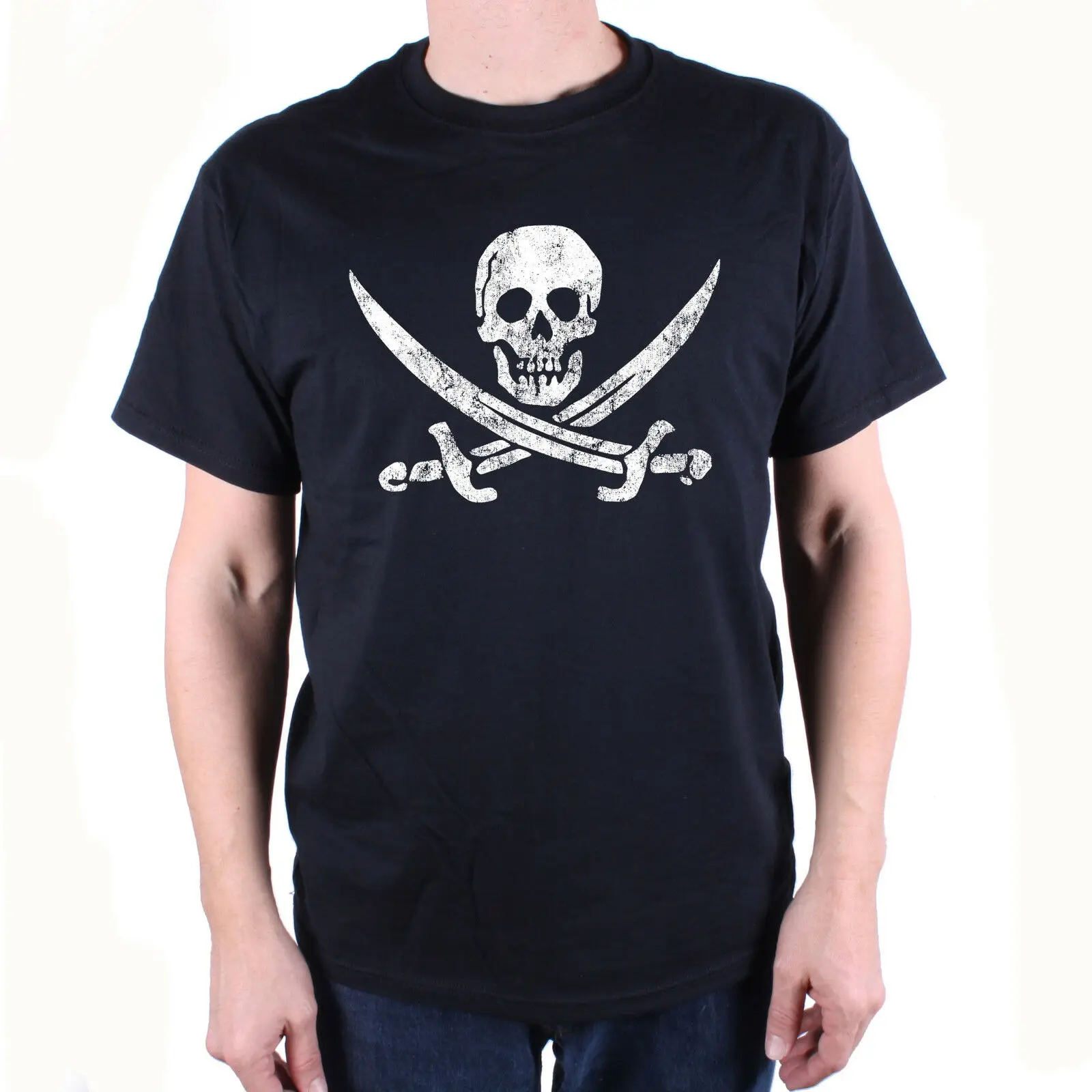 

Pirate T Shirt - Jolly Roger Skull & Cross Swords Free UK Postage Jack Sparrow summer o neck tee,free shipping cheap tee