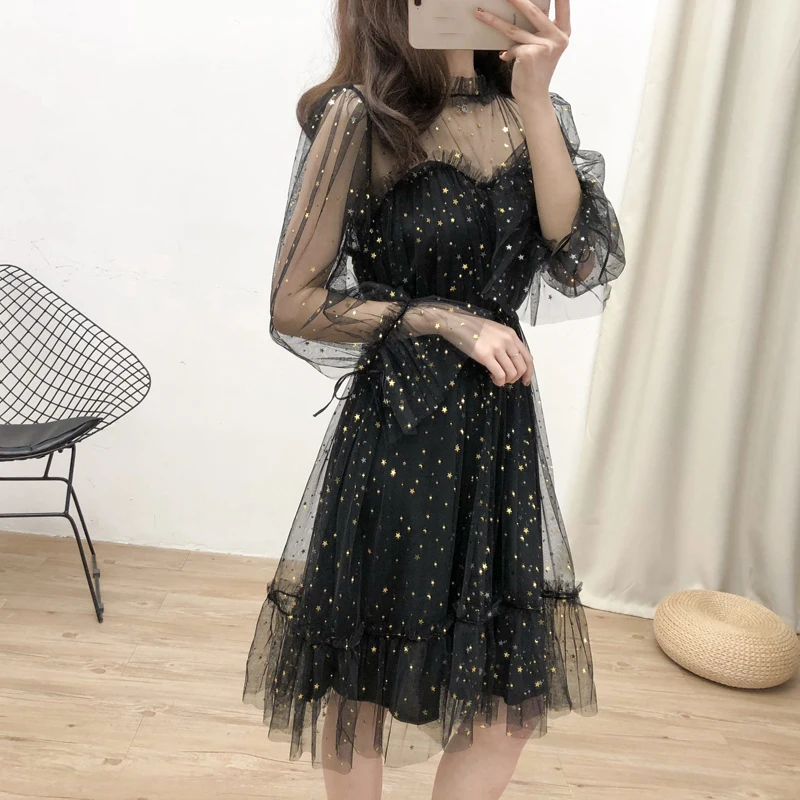Korean Dress Glitter Sequin Dress Women Mesh Transparent Ruffle Sexy Party  Dresses Elegant 2019 Winter Korean Black Clothes Robe - Dresses - AliExpress