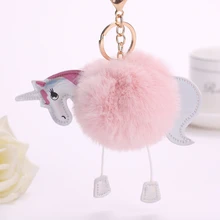 PINXIU NEW ARRIVAL Super Cute Rainbow Horse Unicorn Fluffy Fur Pom Keychain Pendant Bag Charms Handbag Accessory Purse Ornament