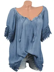 Плюс размер кружева крючком Летний Топ женские винтажные Блузки Женская Повседневная рубашка Женская длинная туника лоскутное Ретро Blusas