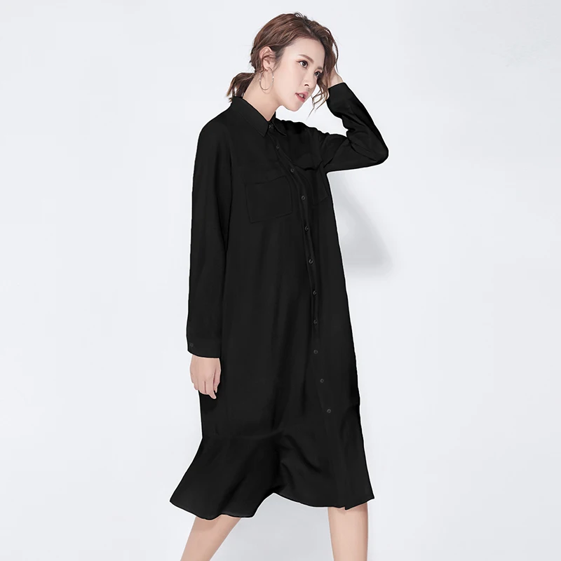 

LANMREM 2019 New Women Spring Turn-down Collar Long Sleeve Shirt Loose Dress Big Size Fashion clear stocks