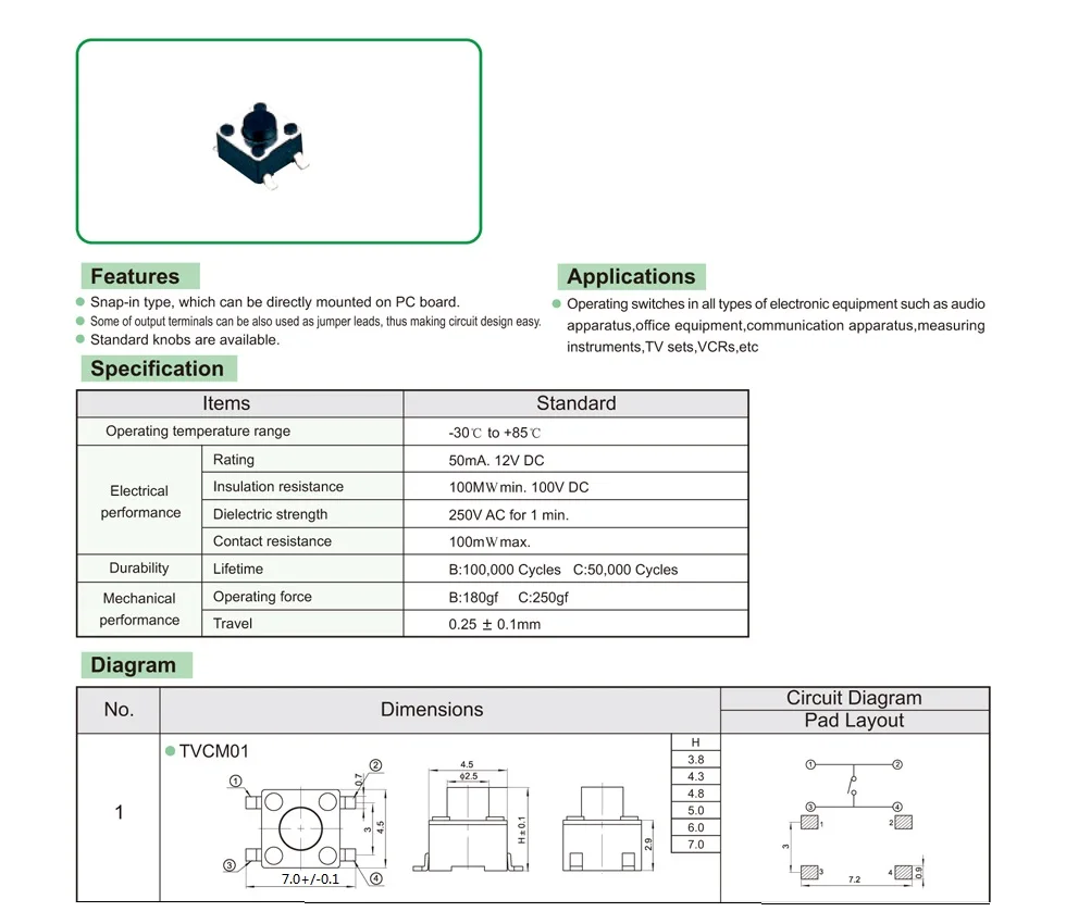 Interruptor Tátil Spst-no Top Actuated Surface Mount Altura 3.8 4.3 4.8 5.0 6.0 7.0mm 250gf Smt Reflow Solda 1000 Pcs 4.5x4.5mm 1 5.0 6.0 7.0mm 250gf SMT Reflow solda
