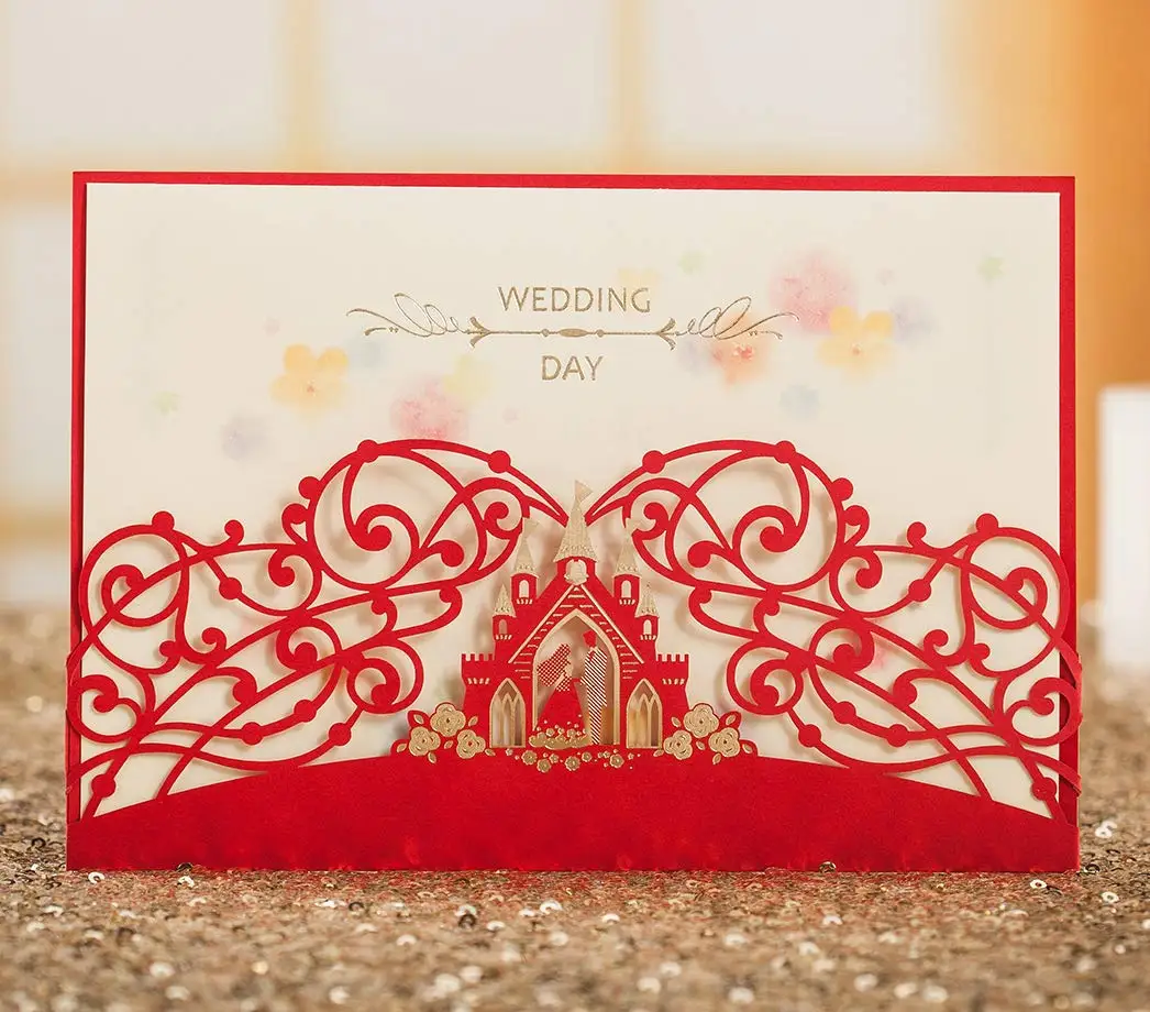 

100Pcs Bride & Groom in Castle Red Crown Laser Cut Wedding Invitations, Blank Customized Wedding Invitations Card with Envelopes