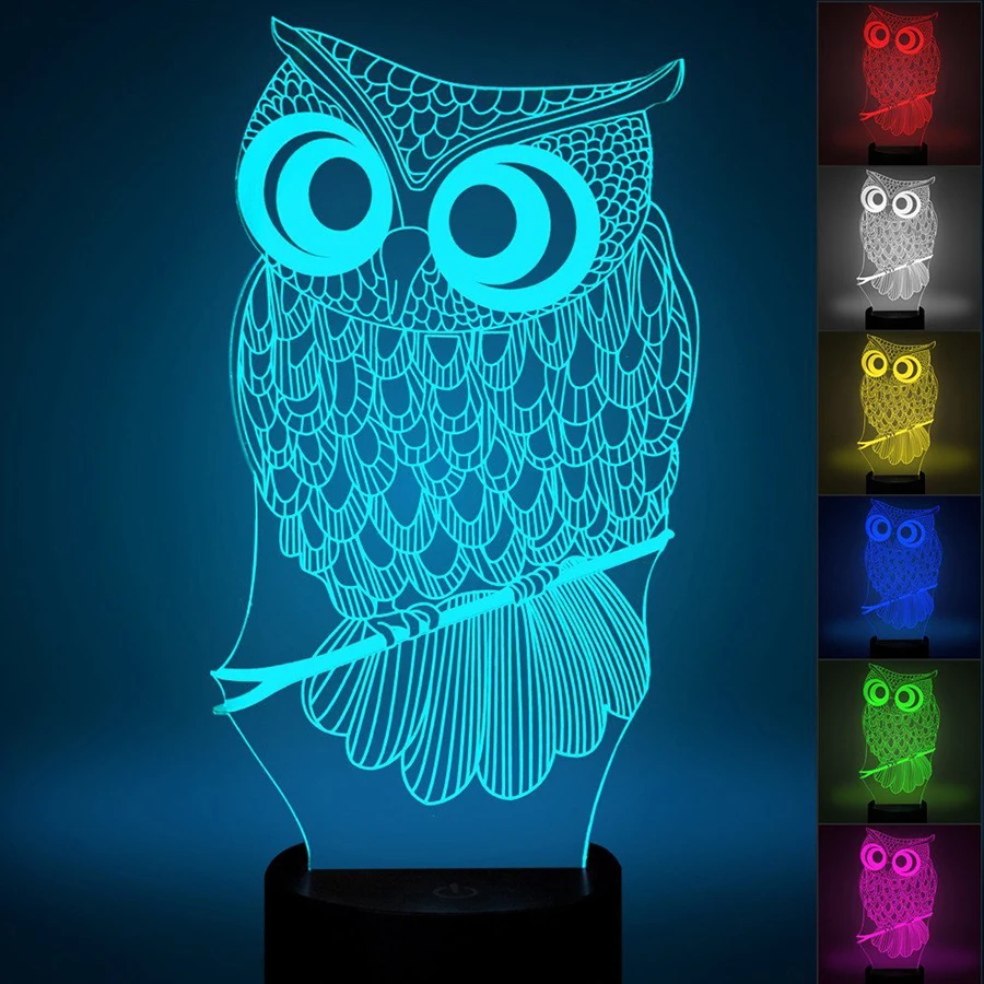 3D Owl LED Night Light Creative Desk Lamp 7 Color Change Touch Switch ...