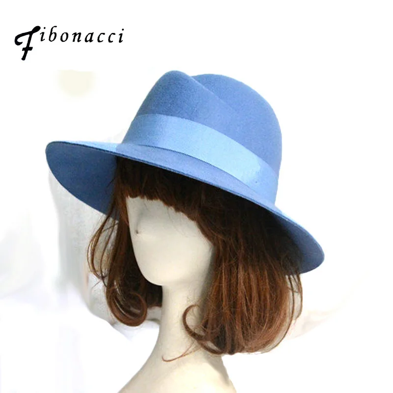Fibonacci High Quality Dome Fedora Hat Ladies Hats for Women Blue Wool 100% Felt Hat Hair Accessory Cap