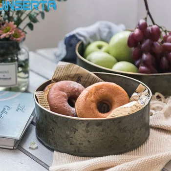 

JINSERTA Metal Storage Tray Retro Golden Rim Fruit Dessert Cake Bread Plate Round Serving Tray Home Kitchen Decorative Tray