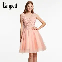 Tanpell аппликации Homecoming розовое платье с v-образным вырезом без рукавов до колен платья женщин бисером Коктейль Короткие Homecoming бальный наряд