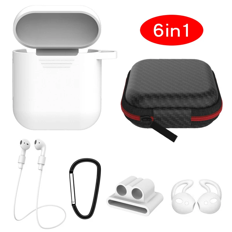 6 pcs In 1 Sets Silicone Protective Accessories Kits for Airpods 1 2 Case Ring Strap Hook Winder Holder Box Set Earpods Cover - Цвет: white