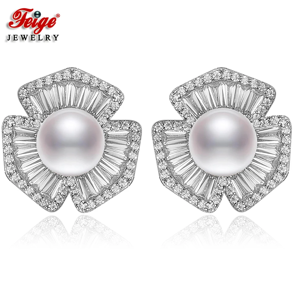 

FEIGE Luxury Pearl Earring Real 925 Sterling Silver Earrings for Women 8-9MM White Freshwater Pearl Jewelry Brincos Ladies Gift