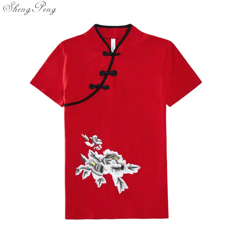 Элегантные ретро Китайский Для женщин Cheongsam топы Вышитые печатных топы Ципао традиционный классический Рубашка с короткими рукавами