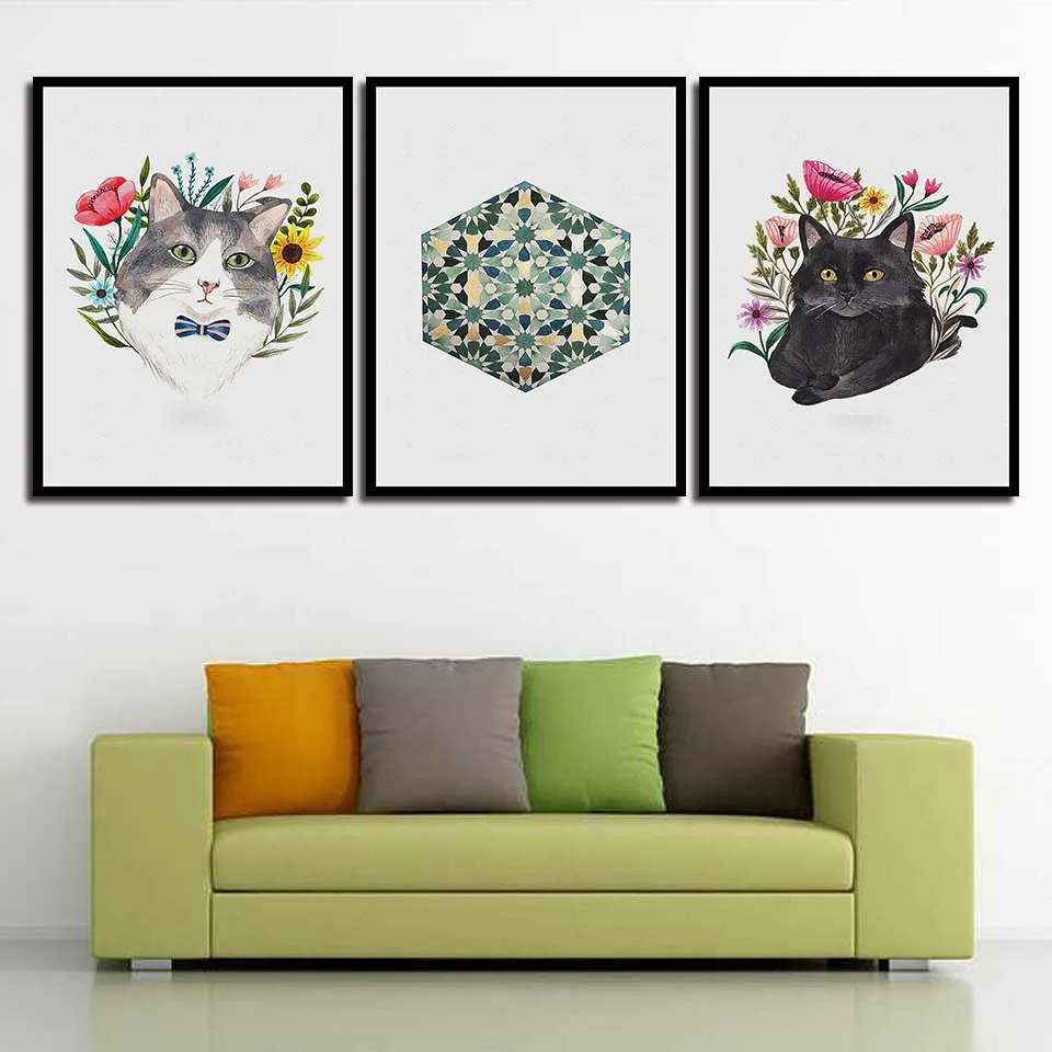 Nordic Watercolor Style Abstract Canvas Art Print Hd Cat And