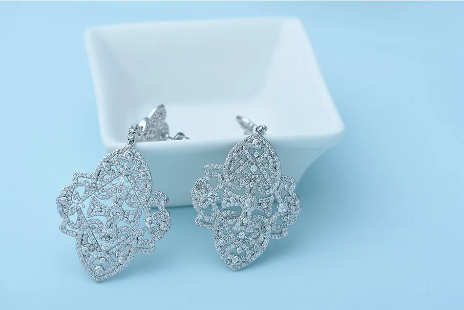 LUOTEEMI New Korea Style Big Brincos White Gold Color Elegant Jewelry Full Cubic Zircon Sparkling Drop Earring Double Flowers