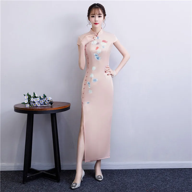 Nueva estampado Rosa Cheongsam larga vestidos Chinoise elegante bata Qi Pao mujeres chino tradicional ropa vestido diio