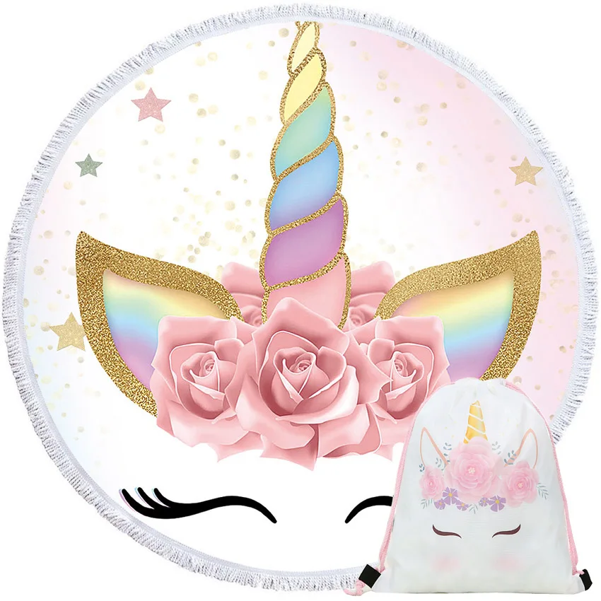 

Unicorn Summer Round Beach Towels Bikini Cover Up Seaside Shawl Wall Tapestry Blanket With Drawstring Backpack Bag Sport Towels