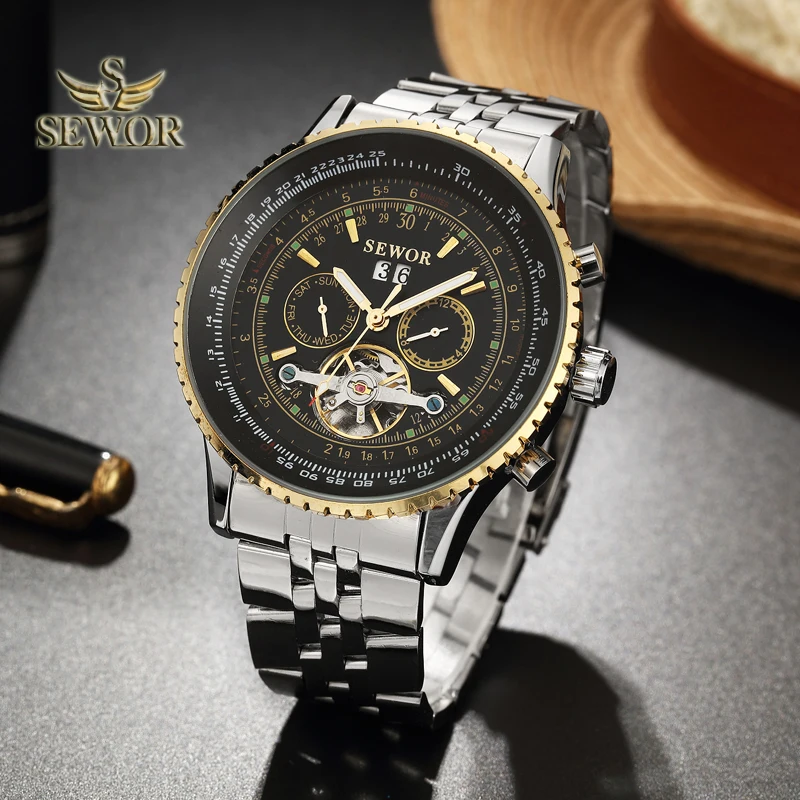 SEWOR Luxury Brand 2018 New Fashion Tourbillon Automatic Mechanical Full Steel Watch band Men Sport Wrist Watch BLACK GOLD C420 SEWOR Luxury Brand 2018 New Fashion Tourbillon Automatic Mechanical Full Steel Watch band Men Sport Wrist Watch BLACK GOLD C420