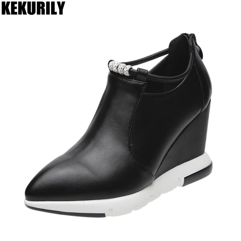 

Wedge ankle boots for Woman leather Pointed Toe short boots rhinestone Platform Shoes zip ladies Booties Zapatos de mujer Black