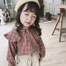 Осенние винтажные клетчатые рубашки с кукольным воротником для девочек, Повседневная рубашка из чистого хлопка с длинными рукавами, одежда