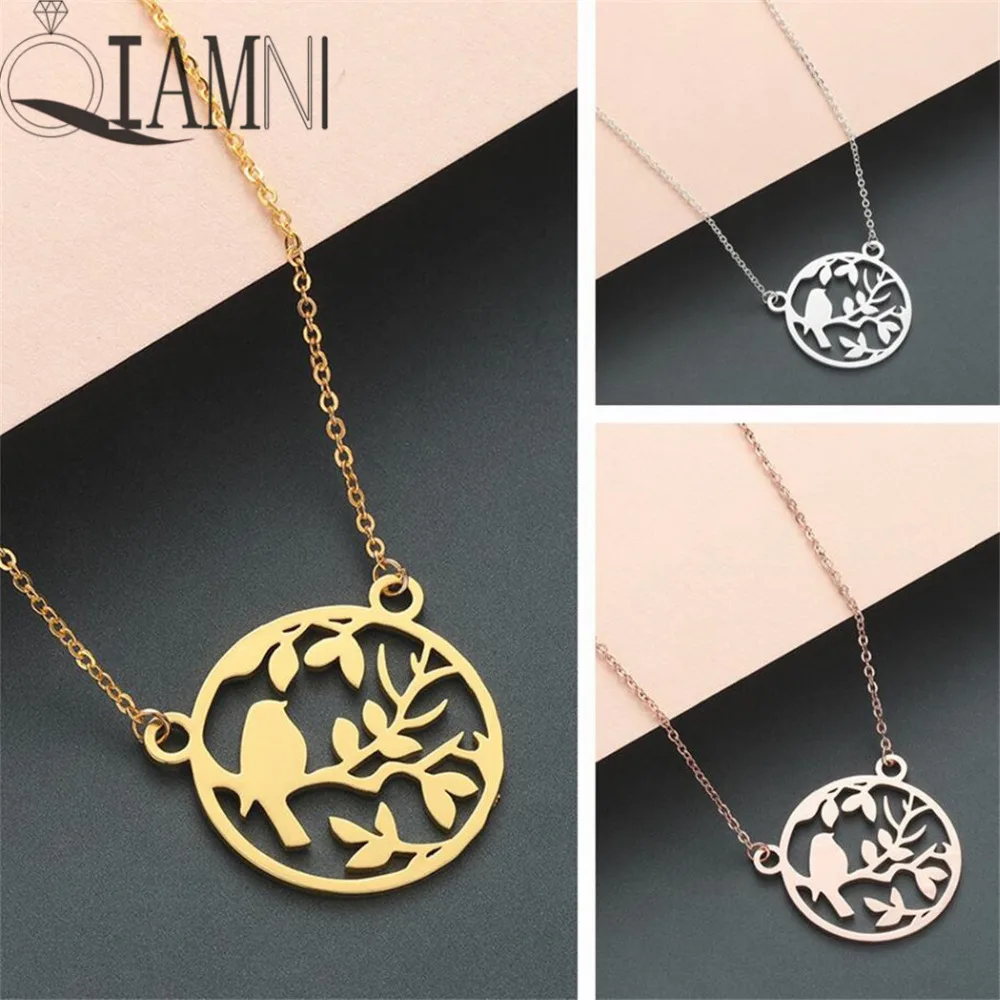 QIAMNI Novelty Leaves Animal Bird Pendant Necklace Round Circle