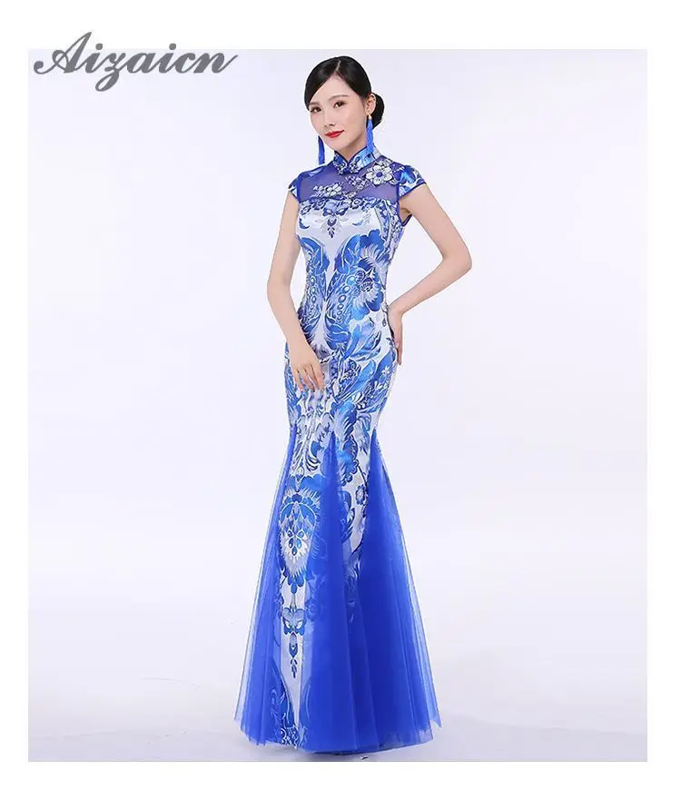 Blanc фарфор Cheongsam Роскошные Длинные вечерние платья мода показывает шлейфом Традиционный китайский Свадебные Китай 15 стиль