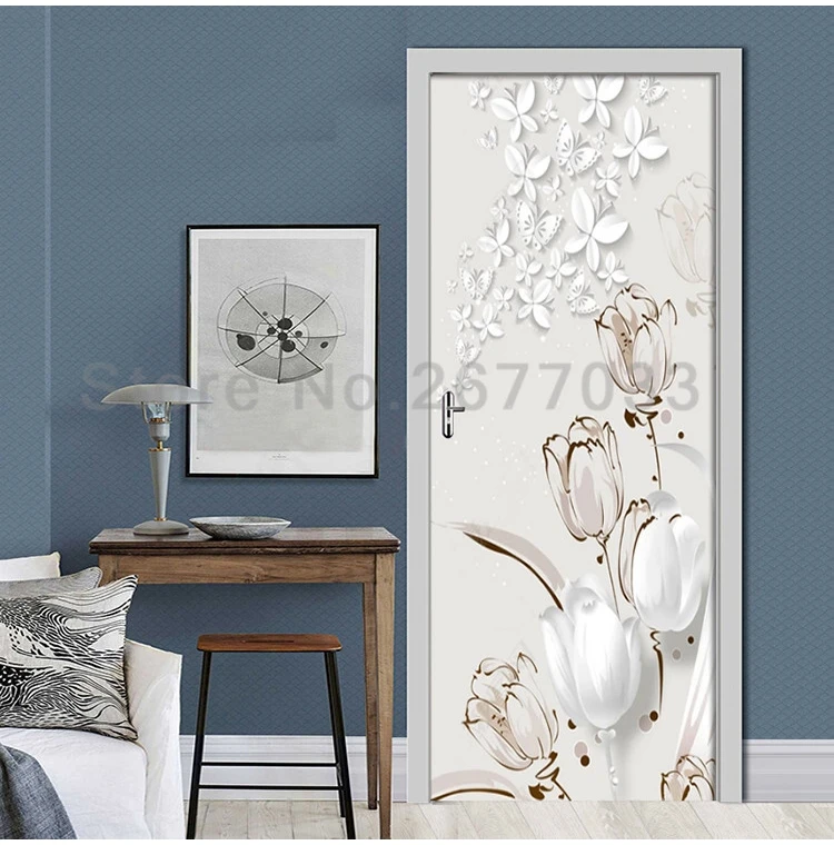 Самоклеящаяся Водонепроницаемая дверная настенная наклейка из ПВХ, 3D тюльпан, стерео обои с бабочками, 3D дверная фреска, для гостиной, для учебы, домашнего декора