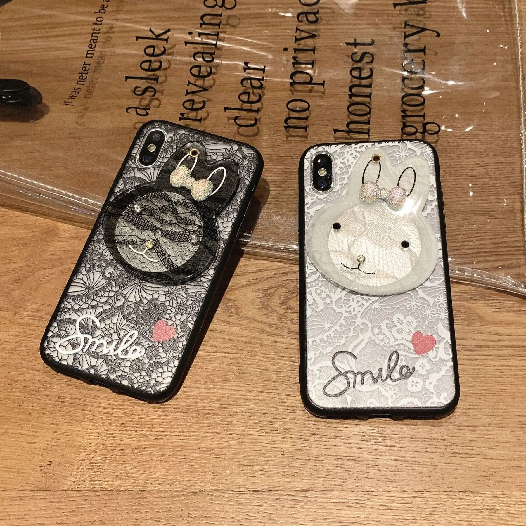 Lace Makeup Mirror Phone Case For Iphone 7 Case Iphone XR XS Max 8 6S Plus Cute Rabbit Luxury Brand Shell Back Cover For Iphone