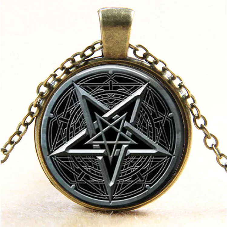 

Vintage Art picture Personality pentagram glass Pendant Necklace charm Occult Wiccan necklaces Antique Bronze Jewelry