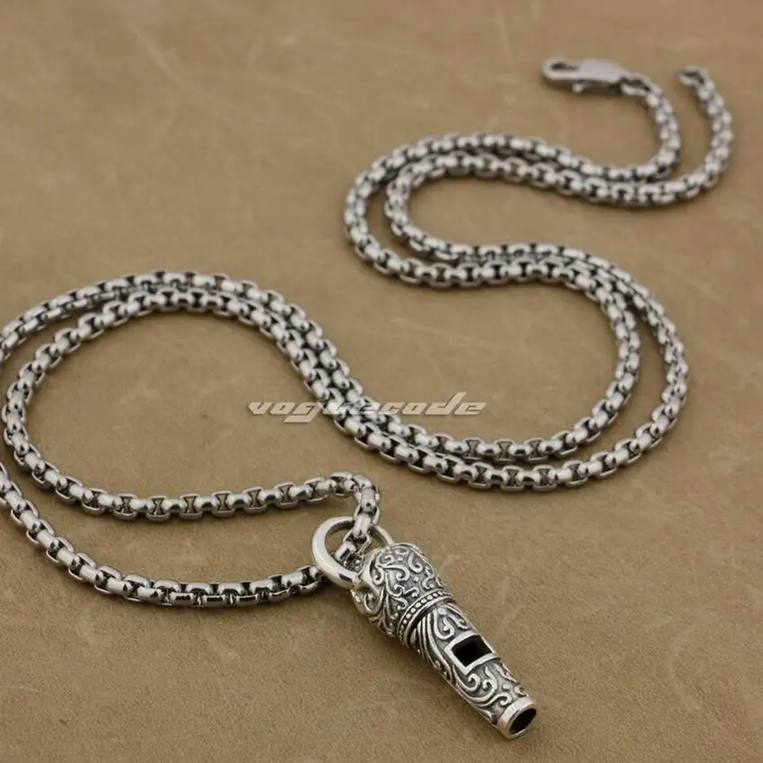 

LINSION 925 Sterling Silver Ingenious Skull Whistle Model(Soundless) Mens Biker Pendant 9E020 Stainless Steel Necklace 24 inch